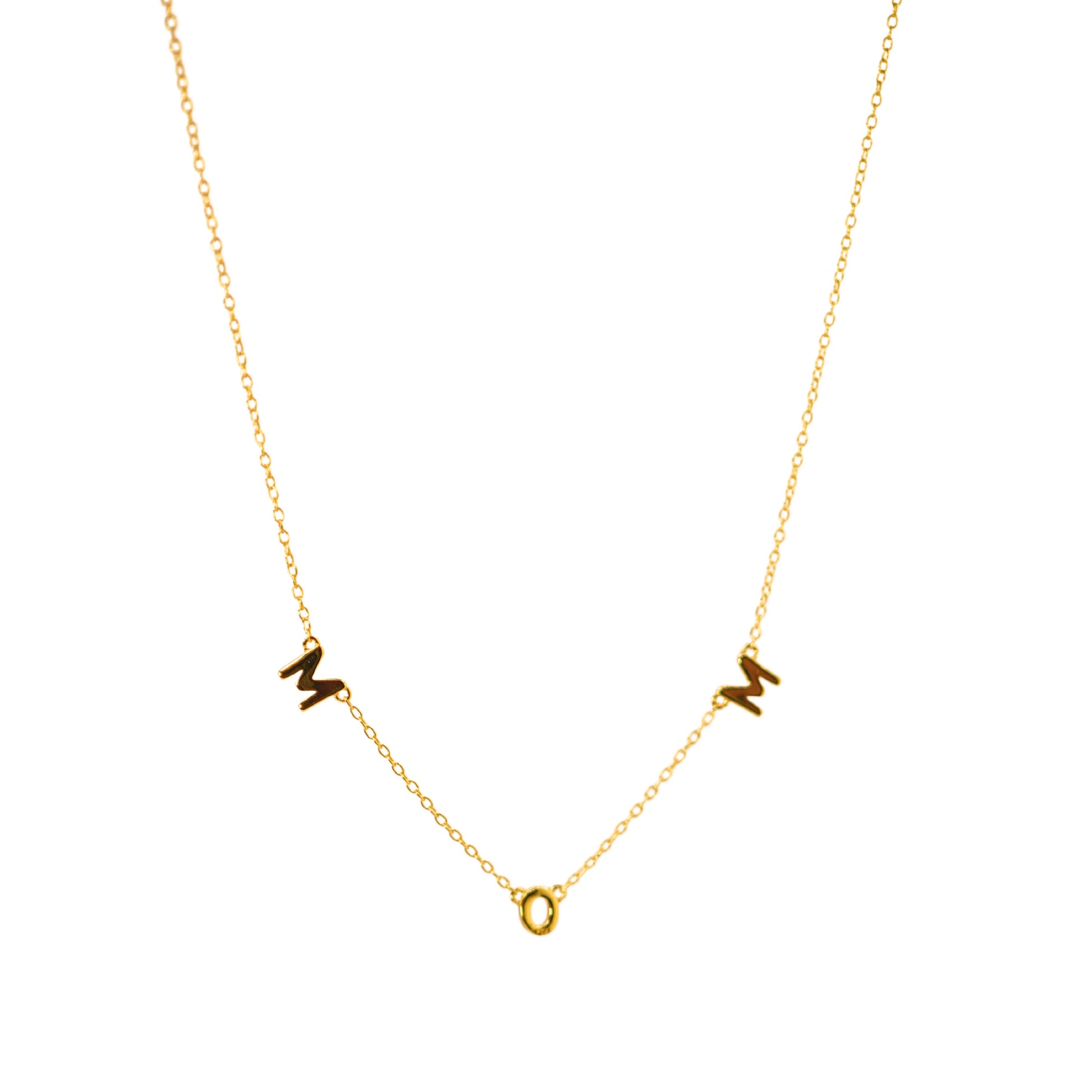 Collar con letras MOM doradas, regalo delicado para el Día de la Madre – Oasis Blanco Plata 925